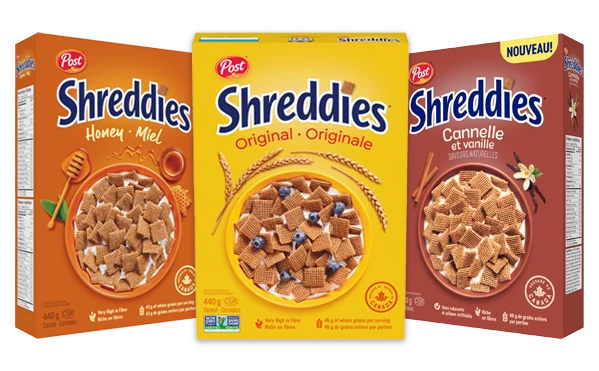 Post Shreddies Original, Post Shreddies Miel et Shreddies Cannelle Vanille 