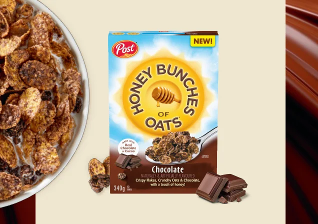 Honey Bunches of Oats Chocolate cereal box and bowl of cereal